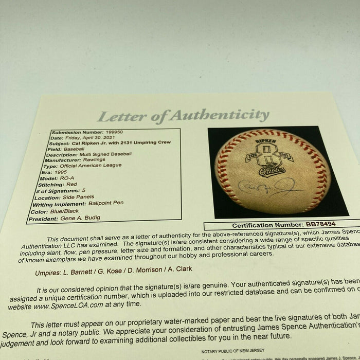 Cal Ripken Jr. 2131 Game Used Signed Baseball Record Breaking Streak Game JSA