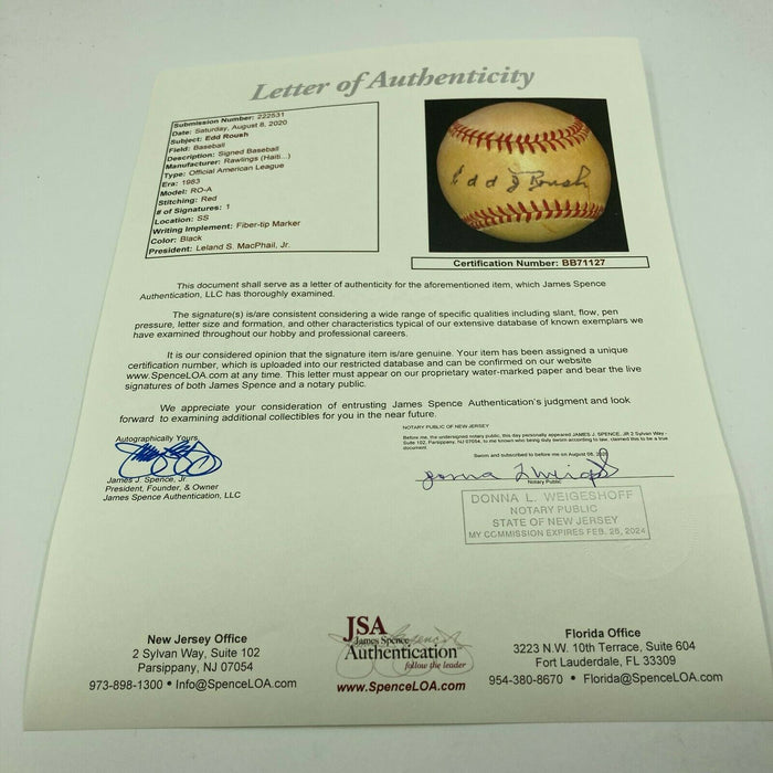 Edd Roush Single Signed Vintage American League Macphail Baseball With JSA COA