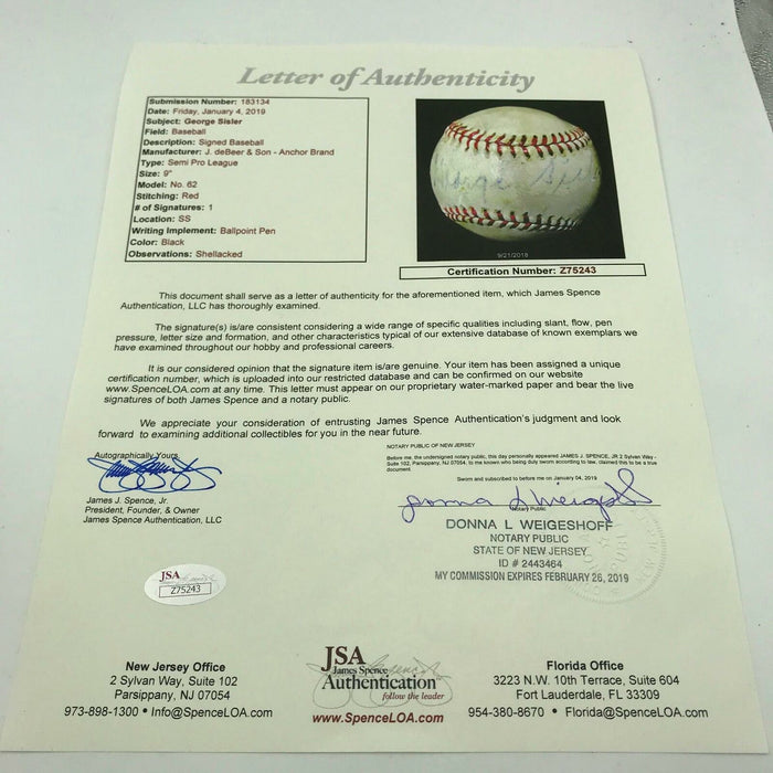 Rare George Sisler Single Signed Autographed Baseball With JSA COA