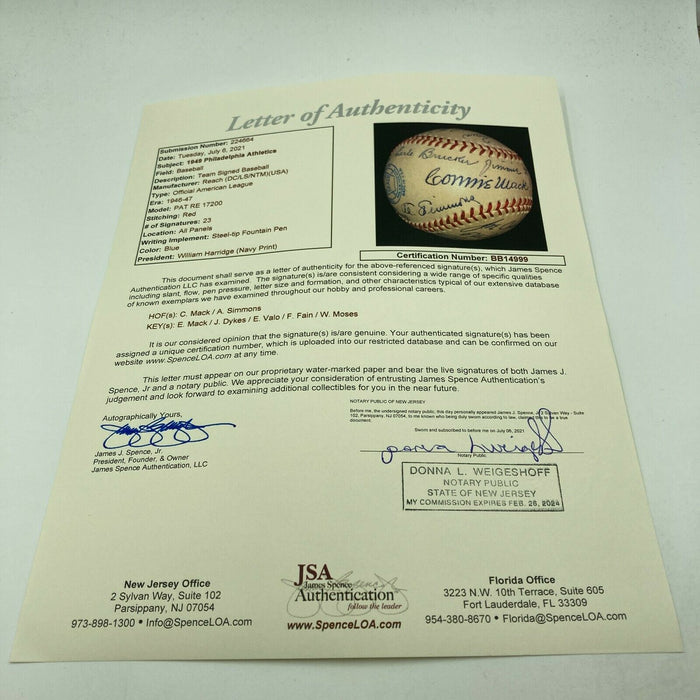 Beautiful Philadelphia A's Team Signed Baseball Connie Mack Al Simmons JSA COA