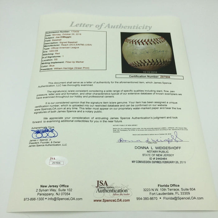 1940's Joe Dimaggio Playing Days Signed American League Harridge Baseball JSA