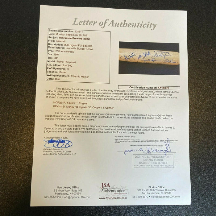 1982 Milwaukee Brewers American League Champs Team Signed Baseball Bat JSA COA