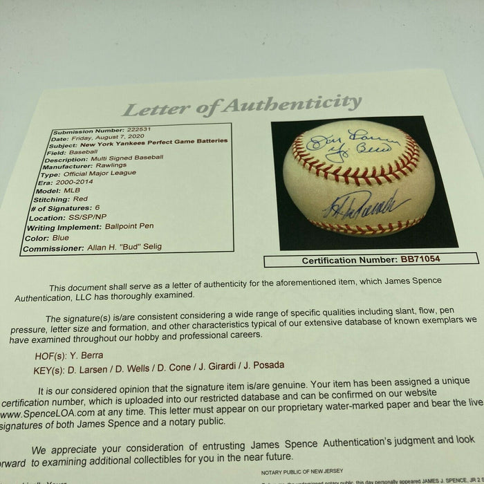 Don Larsen David Wells Cone Yogi Berra Yankees Perfect Game Signed Baseball JSA