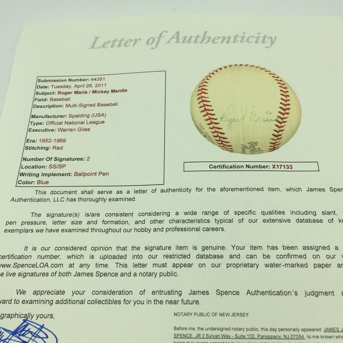 Beautiful 1961 Roger Maris & Mickey Mantle Signed Autographed Baseball JSA COA