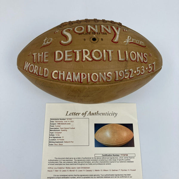1958 Detroit Lions Team Signed Spalding Vintage Football JSA COA