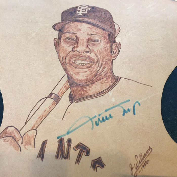 Rare Willie Mays Signed Autographed Original Leather Artwork With PSA DNA COA