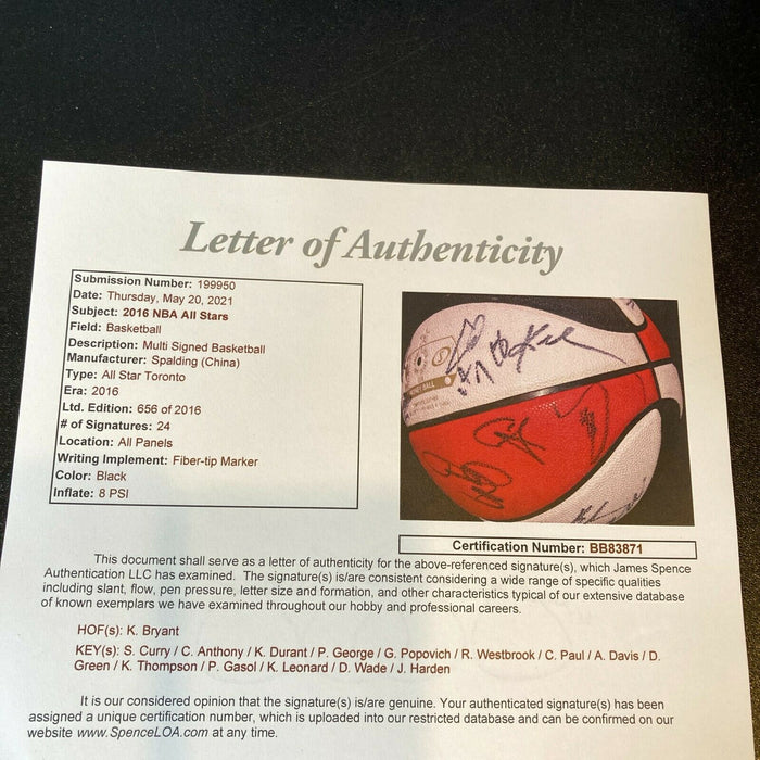 Kobe Bryant Stephen Curry 2016 NBA All Star Game Team Signed Basketball JSA COA