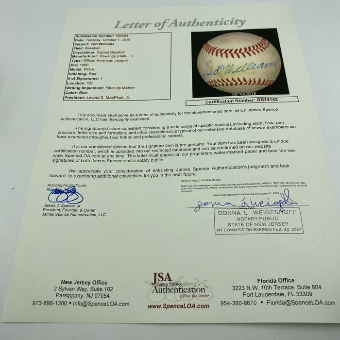 Vintage 1970's Ted Williams Signed American League Macphail Baseball JSA COA