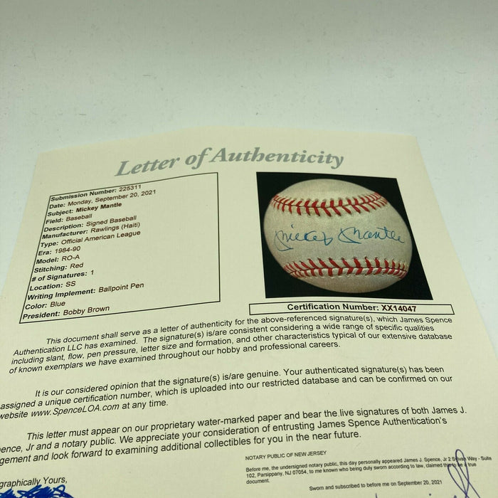 Nice Mickey Mantle Signed Autographed Official American League Baseball JSA COA