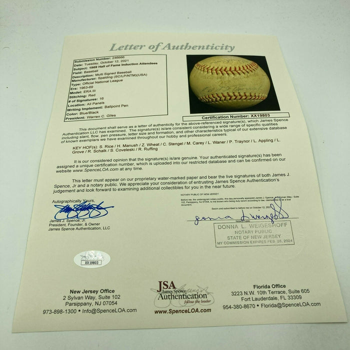 1969 HOF Induction Signed Baseball Pie Traynor Max Carey Sam Rice Grove JSA COA