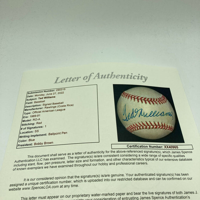 Nice Ted Williams Signed Official American League Baseball JSA COA