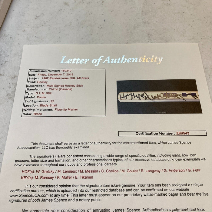 1987 Rendezvous Signed Hockey Stick Wayne Gretzky Mario Lemieux Mark Messier JSA