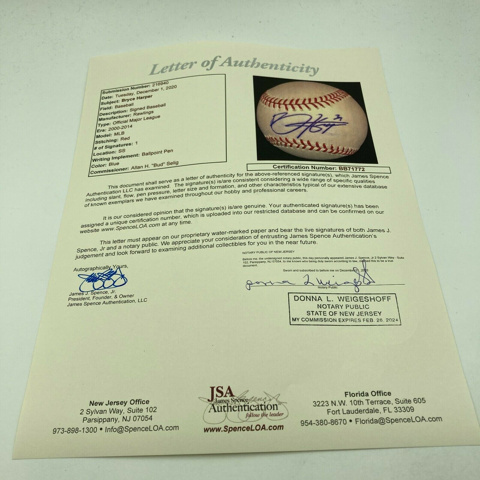 Sold at Auction: Bryce Harper Signed Official Major League Baseball W/ JSA  Full Letter of Authentication