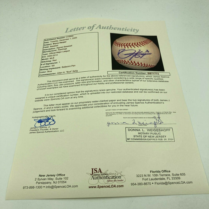 Bryce Harper Signed Autographed Official Major League Baseball With JSA COA