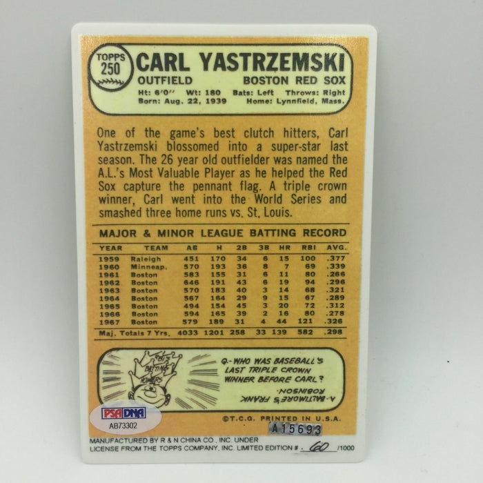 Nice 1968 Topps CARL YASTRZEMSKI Triple Crown 1967 Signed Porcelain Card PSA DNA