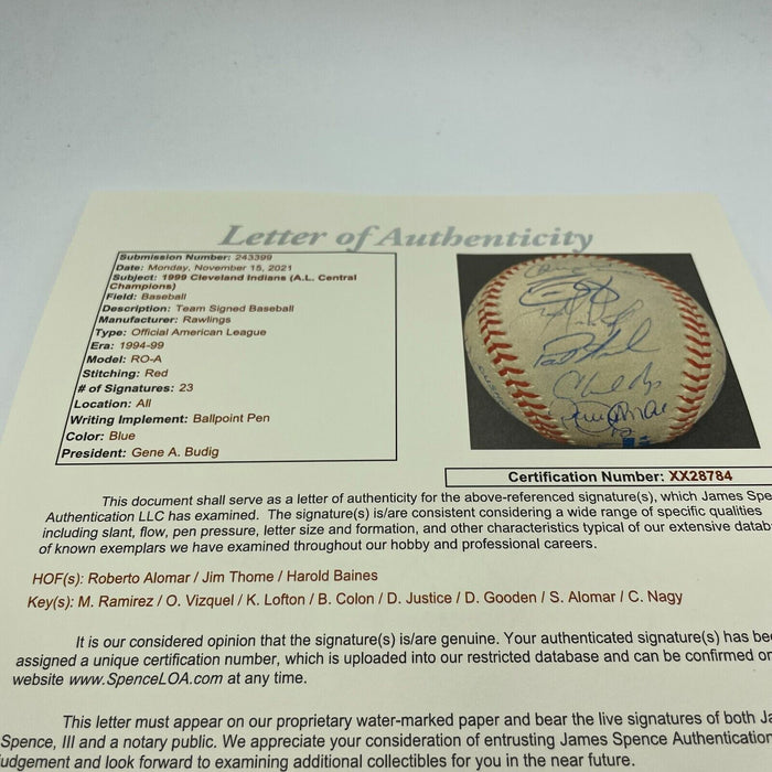 1999 Cleveland Indians Team Signed American League Baseball Jim Thome JSA COA