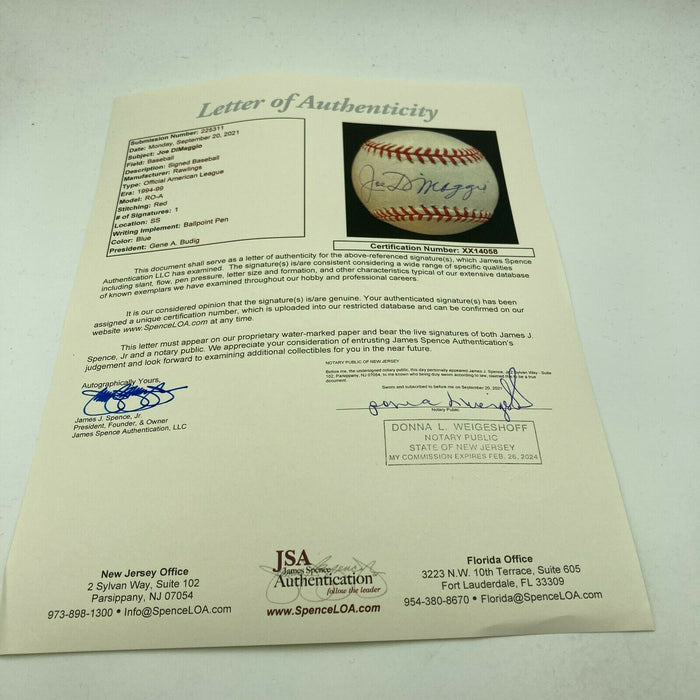 Mint Joe Dimaggio Signed American League Baseball JSA COA & PSA DNA Sticker