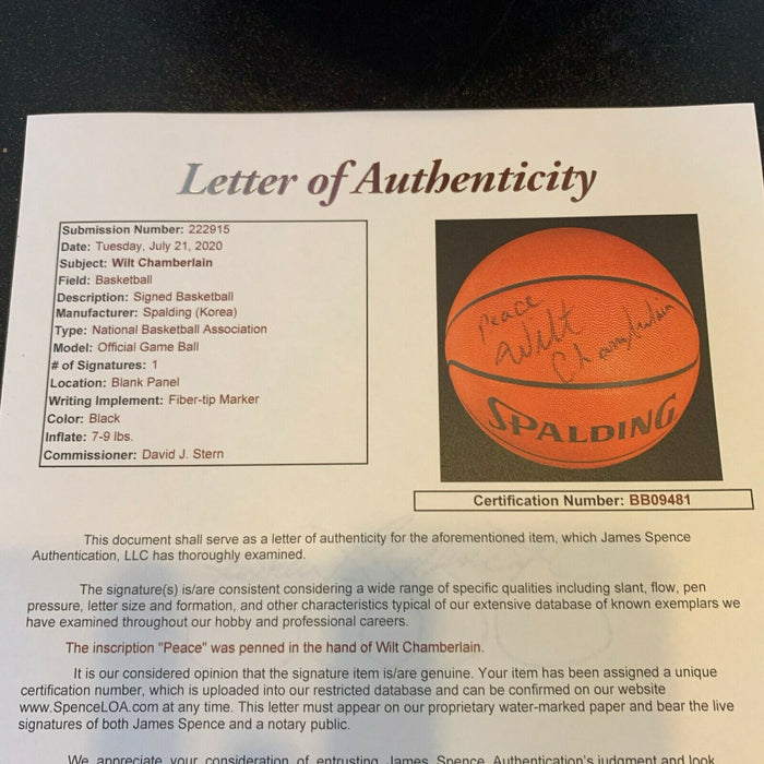 Rare Wilt Chamberlain "Peace" Signed Spalding NBA Official Game Basketball JSA