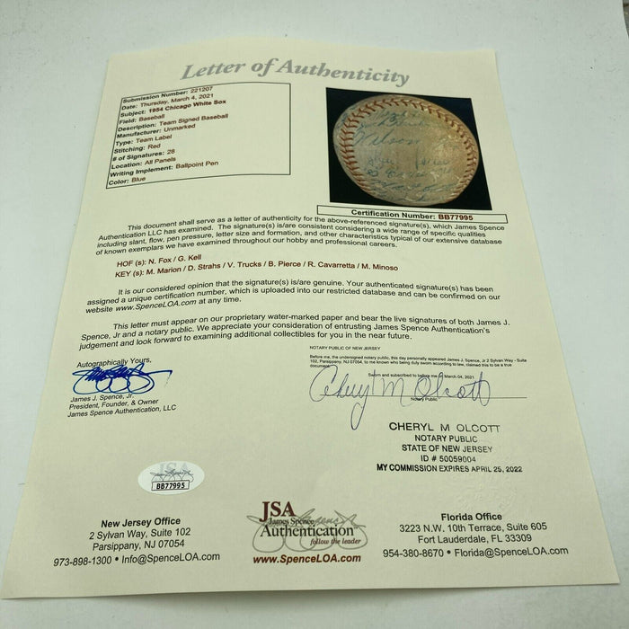 Nellie Fox 1954 Chicago White Sox Team Signed Baseball JSA COA