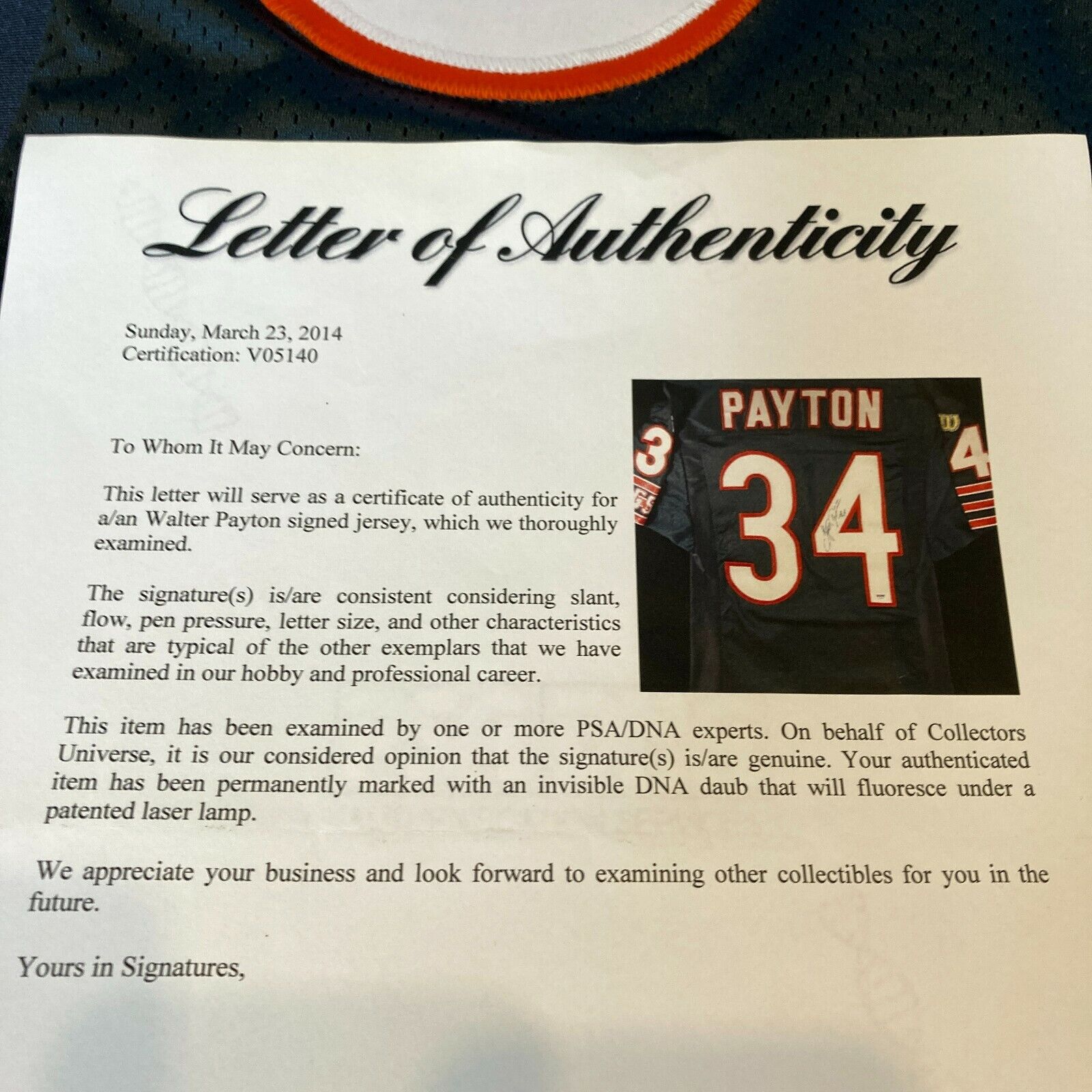 Walter Payton Autographed Jersey