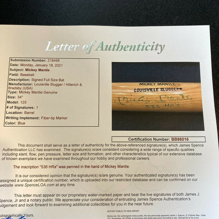 Rare Mickey Mantle 536 Home Runs Signed Inscribed Game Model Baseball Bat JSA