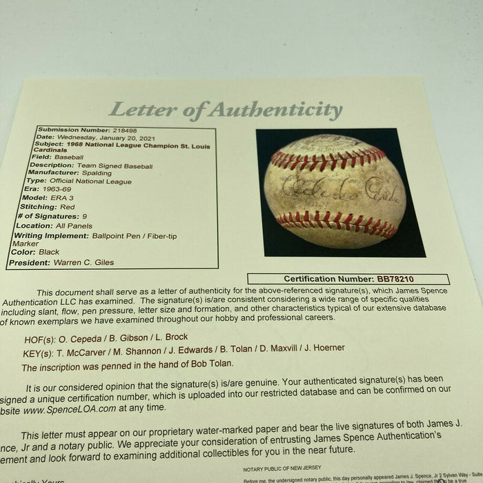 1968 St. Louis Cardinals National League Champs Team Signed Baseball JSA COA
