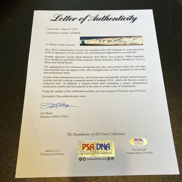 1990 Oakland A's Team Signed Mark Mcgwire Game Issued Baseball Bat PSA DNA COA