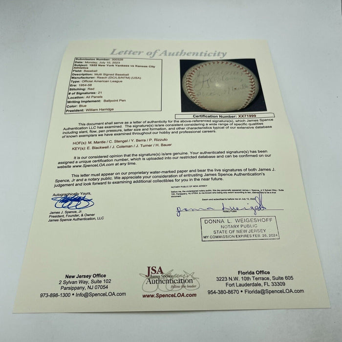 1955 New York Yankees Team Signed Baseball With Mickey Mantle JSA COA