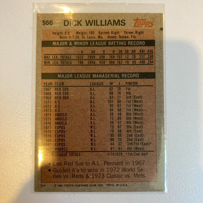 1983 Topps Dick Williams Signed Autographed Baseball Card