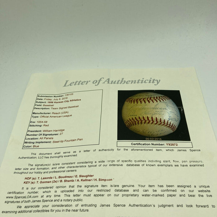 1956 Kansas City Athletics A's Team Signed American League Baseball JSA COA