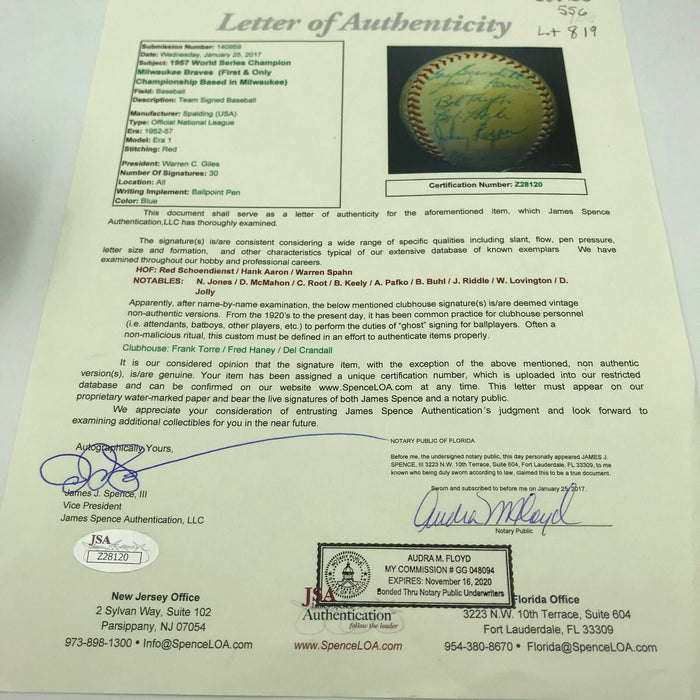 1957 Milwaukee Braves World Series Champs Team Signed Baseball With JSA COA