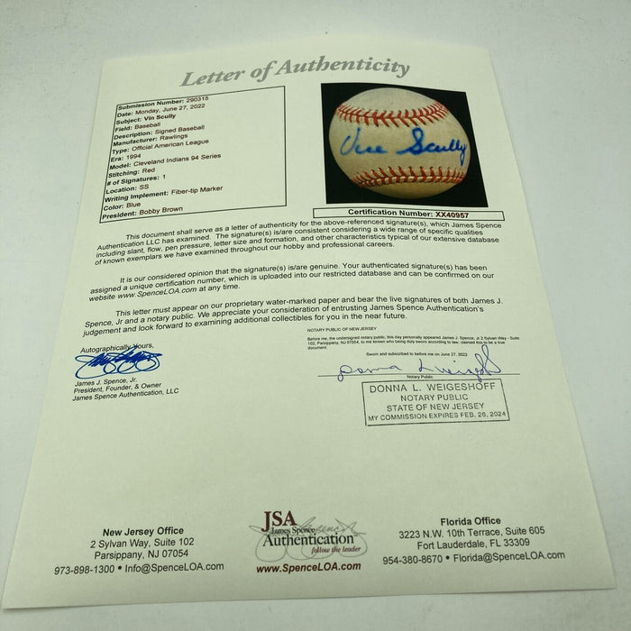 Vin Scully Signed Official American League Baseball JSA COA