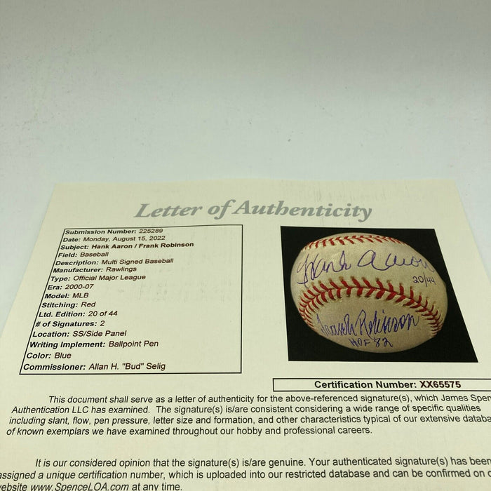 Beautiful Hank Aaron & Frank Robinson Signed Major League Baseball JSA COA