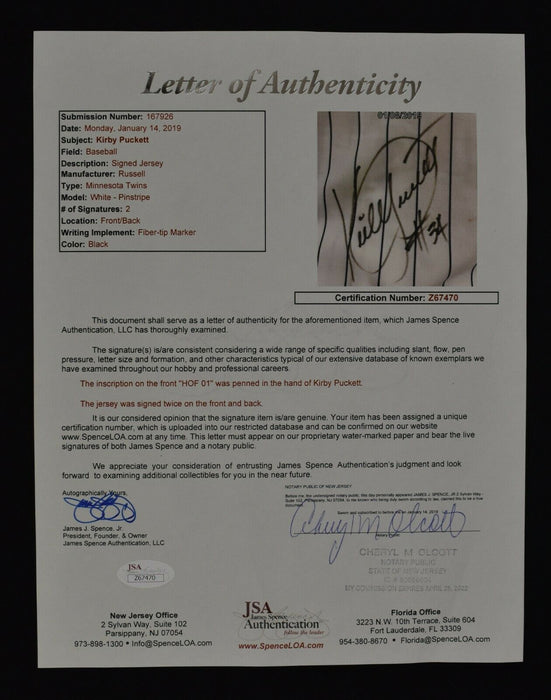 Kirby Puckett "HOF 2001" Signed Game Issued Minnesota Twins Jersey JSA COA RARE