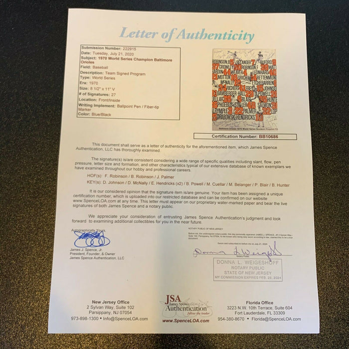 1970 Baltimore Orioles World Series Champs Team Signed W.S. Program With JSA COA