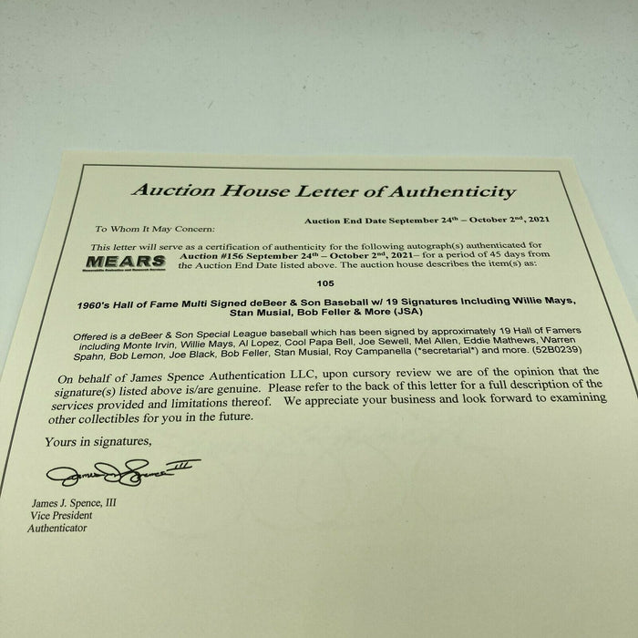 Willie Mays Stan Musial Eddie Mathews Hall Of Fame Multi Signed Baseball JSA COA