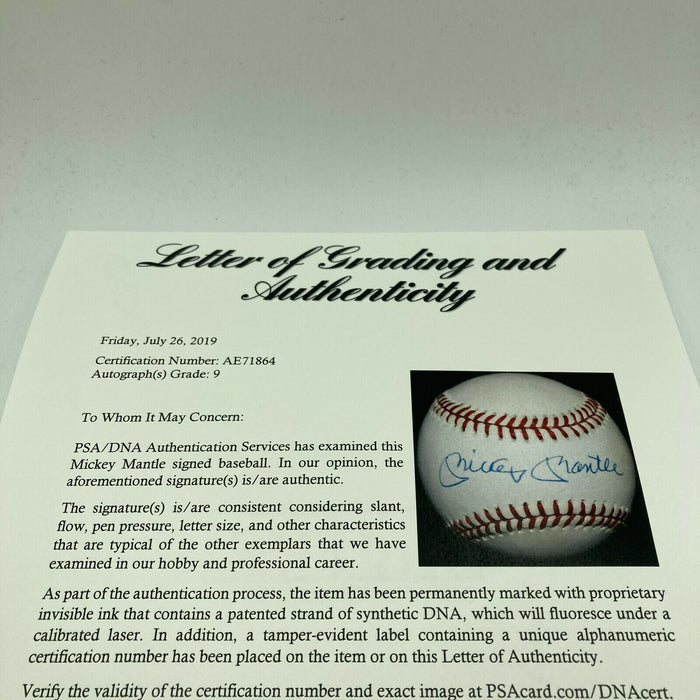 Beautiful Mickey Mantle Signed American League Baseball PSA DNA Graded MINT 9