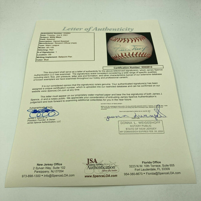 Beautiful Willie Mays Signed Autographed Major League Baseball JSA COA