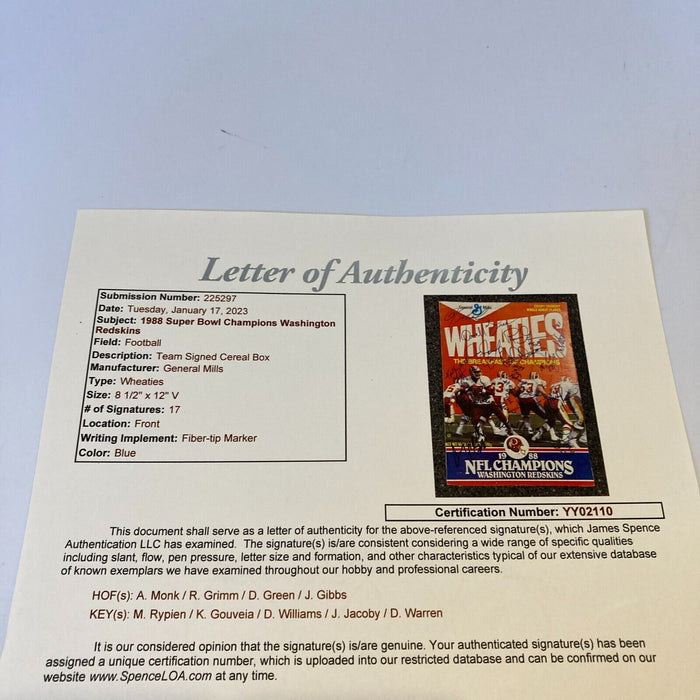 1988 washington Redskins Super Bowl Champs Team Signed Wheaties Box JSA COA