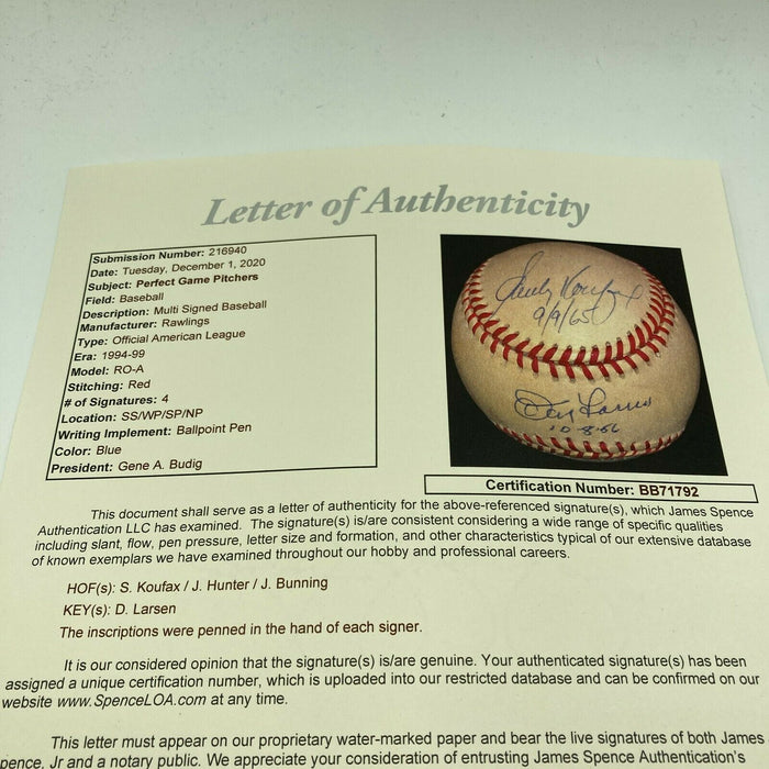 Sandy Koufax Don Larsen Perfect Game Signed Inscribed Baseball JSA COA