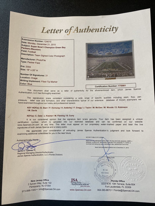 Stunning 1967 Green Bay Packers Super Bowl 1 Champs Team Signed 16x20 Photo JSA