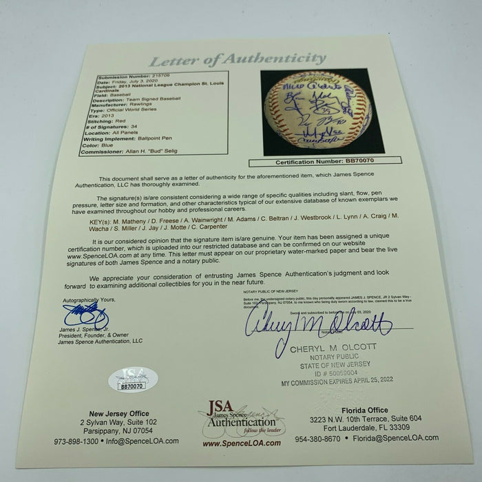 2013 St. Louis Cardinals World Series Champs Team Signed W.S. Baseball JSA COA