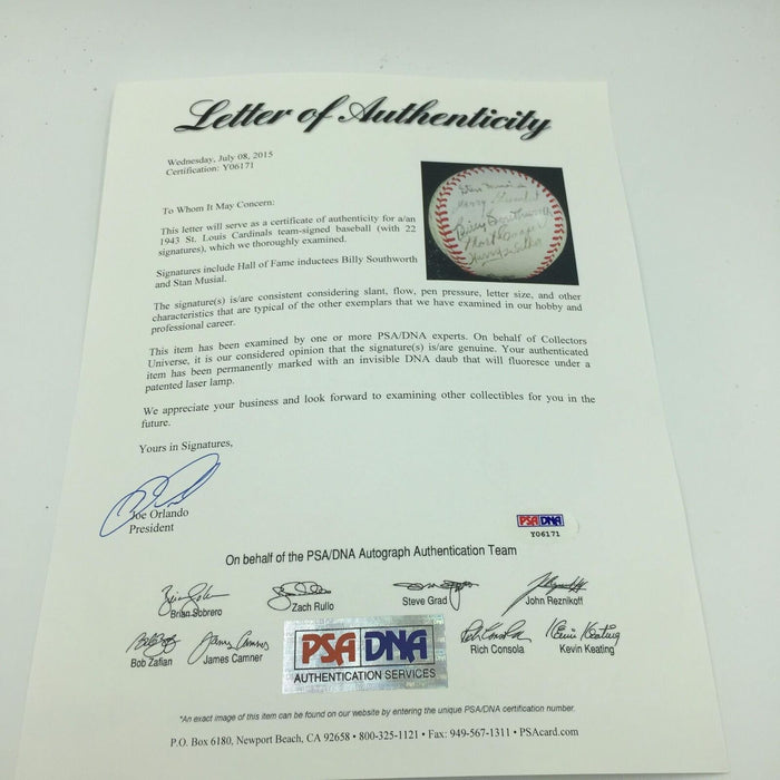 The Finest 1943 St. Louis Cardinals NL Champs Team Signed Baseball PSA DNA COA