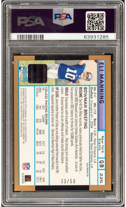 2004 Bowman Chrome Eli Manning Auto Gold Refractor RC #33/50 PSA Auto 10
