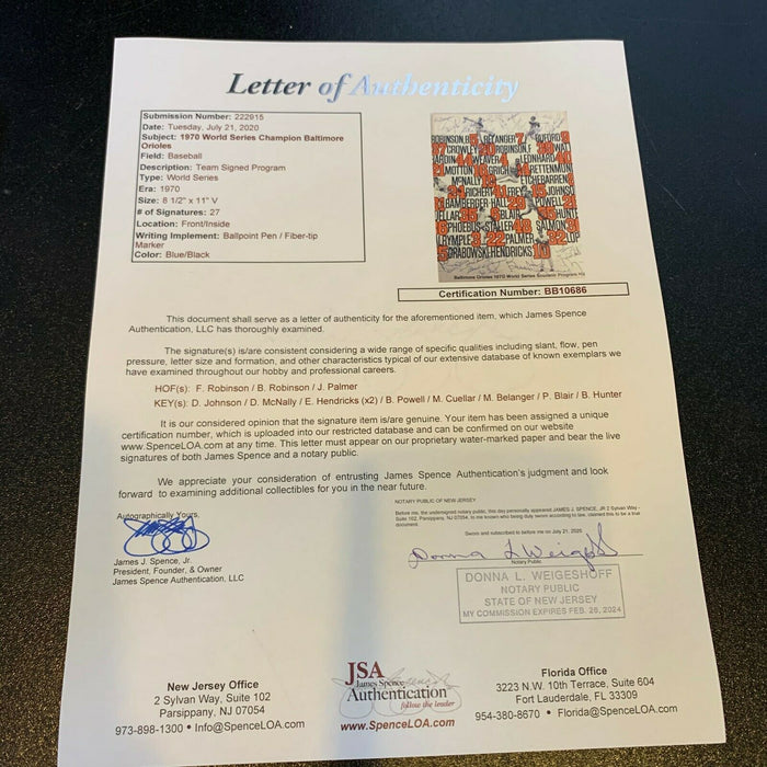 1970 Baltimore Orioles World Series Champs Team Signed W.S. Program With JSA COA