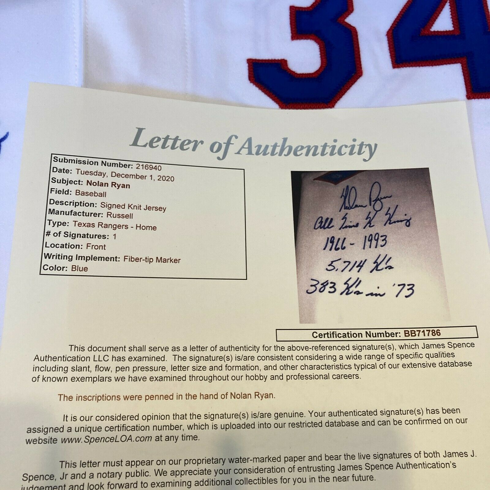 Nolan Ryan Signed Heavily Inscribed Texas Rangers Game Model STAT Jersey  JSA COA