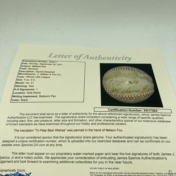 Rare Nellie Fox Single Signed Autographed 1950's Baseball With JSA COA