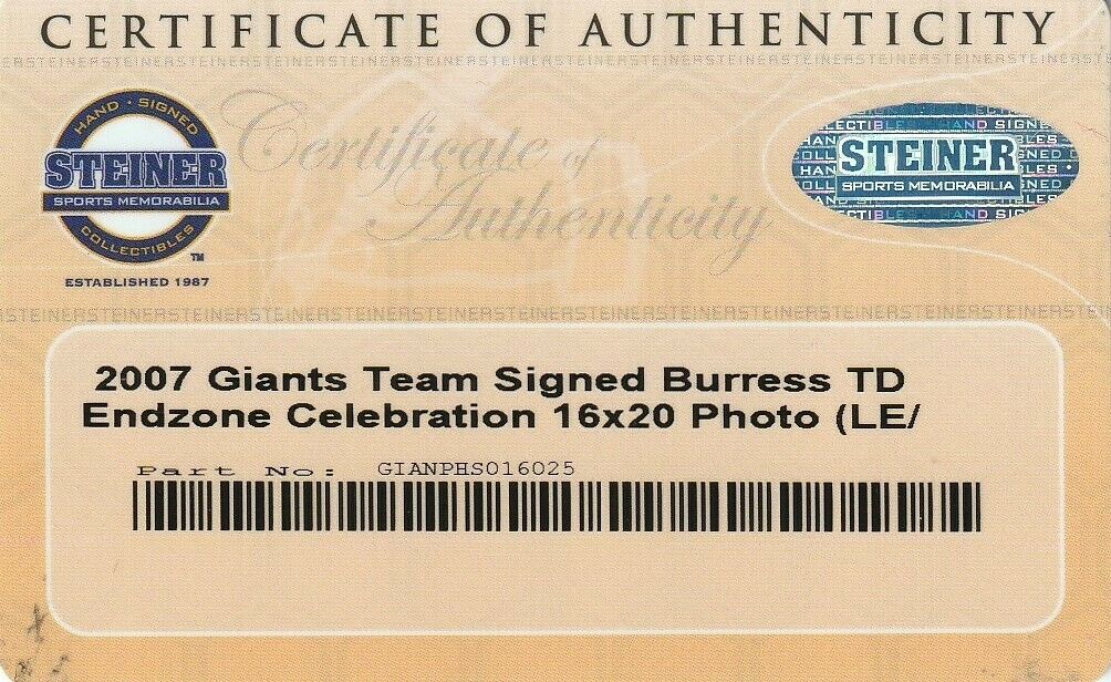 2007 New York Giants Super Bowl Champs Team Signed 16x20 Photo Framed Steiner