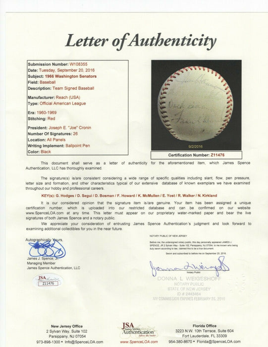 Gil Hodges 1966 Washington Senators Team Signed American League Baseball JSA COA