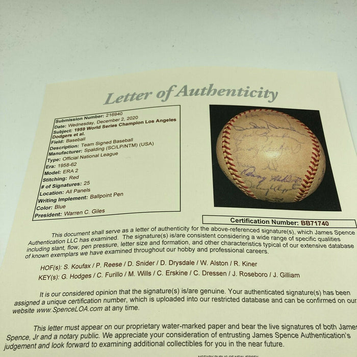 1959 Los Angeles Dodgers World Series Champs Team Signed Baseball 25 Sig JSA COA